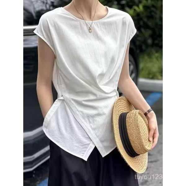 小飛袖襯衫不規則交叉斜扣背心上衣 背心上衣