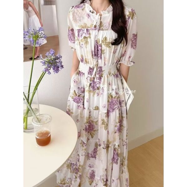 浪漫紫 高級質感碎花雪紡洋裝 長洋裝
