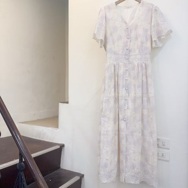 雪紡紗 刺繡短袖長洋裝 長洋裝