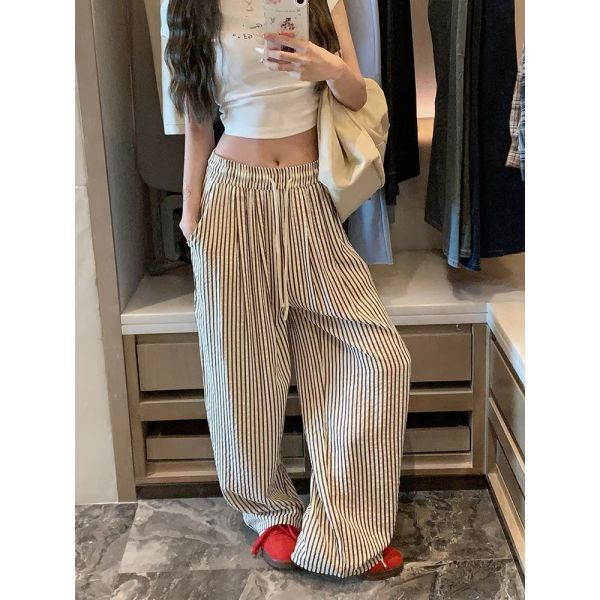高腰垂墜感條紋顯瘦長褲 顯瘦長褲 高腰長褲 條紋