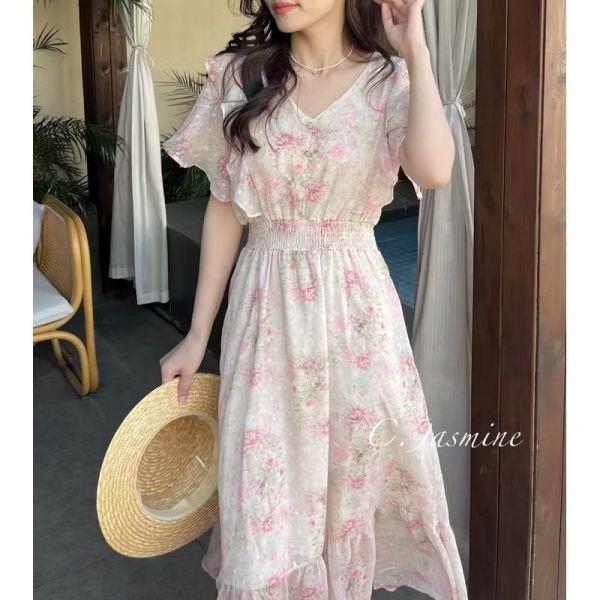 雪紡荷葉袖貓眼釦 鬆緊腰長洋裝 長洋裝