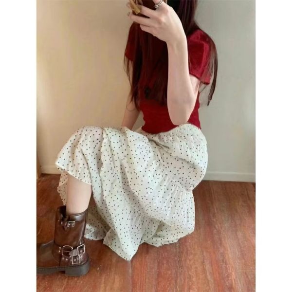 高腰圓點蛋糕裙 优选韓版高腰圓點蛋糕裙 垂感 顯瘦 長裙 蛋糕長裙 A字裙 半身裙 圓點裙 小個子長裙