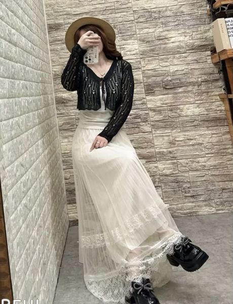 鬆緊帶彈性絲綢百褶網紗下蕾絲半身裙長裙 鬆緊帶彈性絲綢百褶網紗下蕾絲半身裙長裙