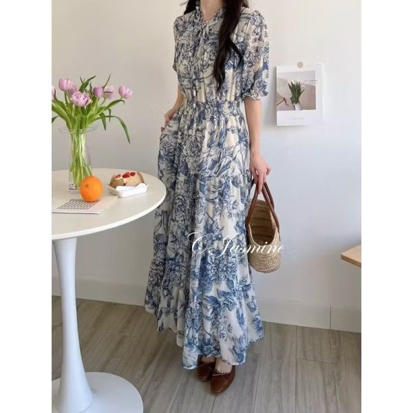 復古圖騰鬆緊腰綁帶長洋裝 鬆緊腰綁帶長洋裝