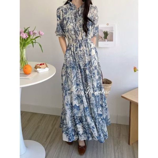 復古圖騰鬆緊腰綁帶長洋裝 鬆緊腰綁帶長洋裝