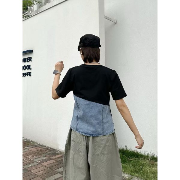 時髦拼接牛仔不規則短袖T恤 牛仔,短袖,T桖