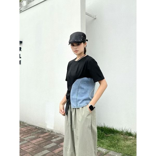 時髦拼接牛仔不規則短袖T恤 牛仔,短袖,T桖