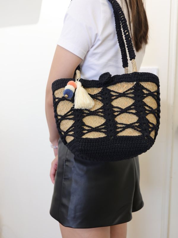長柄交叉編織包 32*29cm 泰國草編包, 清邁手工包, 夏日度假包, 海邊沙灘包, 編織托特包, 泰國編織包