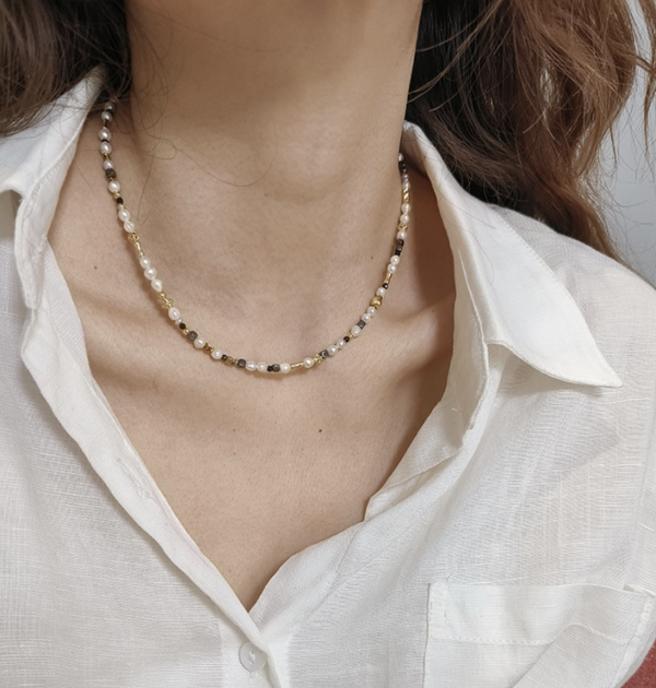 秋冬新款小香風黑膽石珍珠項鍊 泰銀手鍊、青金石手鍊、天然水晶飾品、925純銀、民族風飾品、做舊銀飾、小眾設計、綠松石手鍊