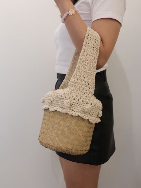 圓筒藤編織布包(小) 泰國草編包, 清邁手工包, 夏日度假包, 海邊沙灘包, 編織托特包, 泰國編織包