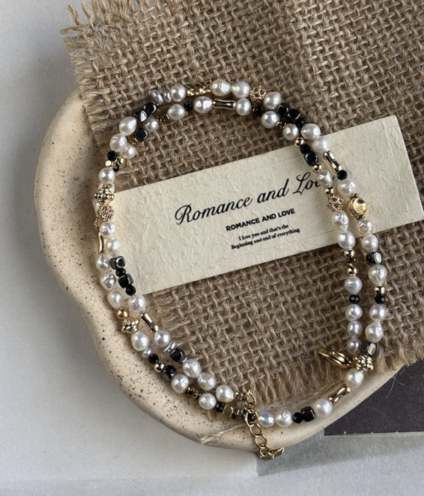 秋冬新款小香風黑膽石珍珠項鍊 泰銀手鍊、青金石手鍊、天然水晶飾品、925純銀、民族風飾品、做舊銀飾、小眾設計、綠松石手鍊