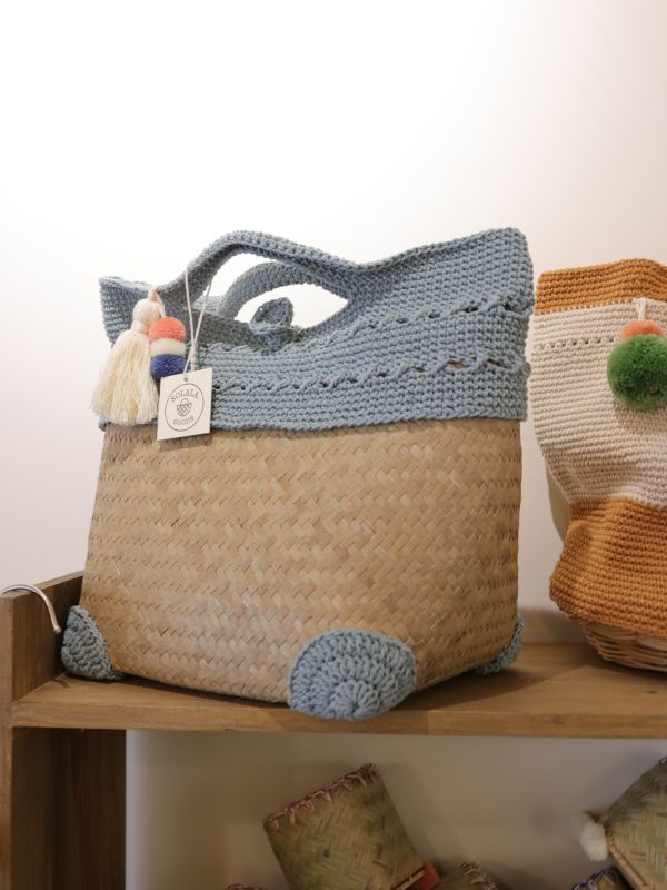 藤編織布包 34*30CM 泰國草編包, 清邁手工包, 夏日度假包, 海邊沙灘包, 編織托特包, 泰國編織包