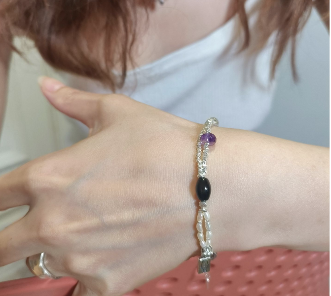 民族輕奢混寶石手鍊｜珍珠 × 紫水晶 × 黑瑪瑙 × 925銀 泰銀手鍊、青金石手鍊、天然水晶飾品、925純銀、民族風飾品、做舊銀飾、小眾設計、綠松石手鍊