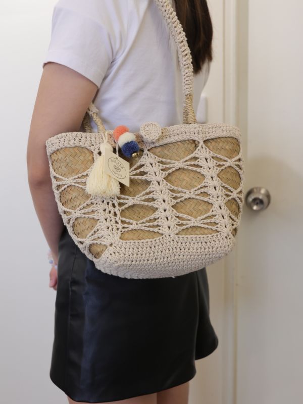 長柄交叉編織包 32*29cm 泰國草編包, 清邁手工包, 夏日度假包, 海邊沙灘包, 編織托特包, 泰國編織包