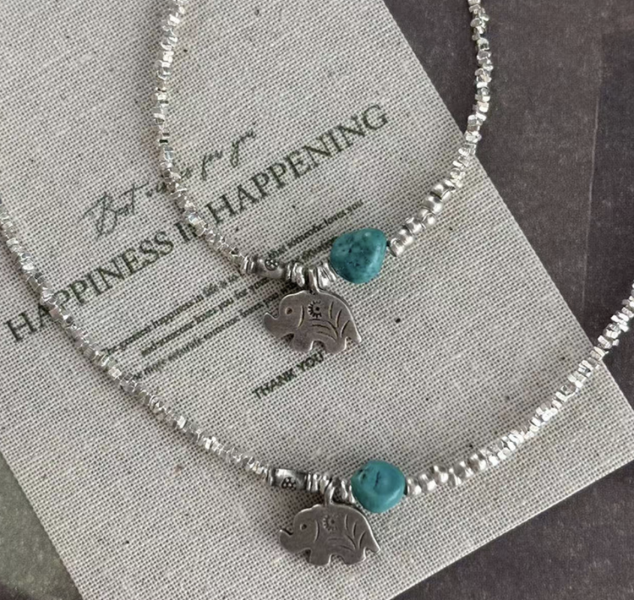 S925純銀清邁泰銀小象綠松石手鍊 泰銀手鍊、青金石手鍊、天然水晶飾品、925純銀、民族風飾品、做舊銀飾、小眾設計、綠松石手鍊