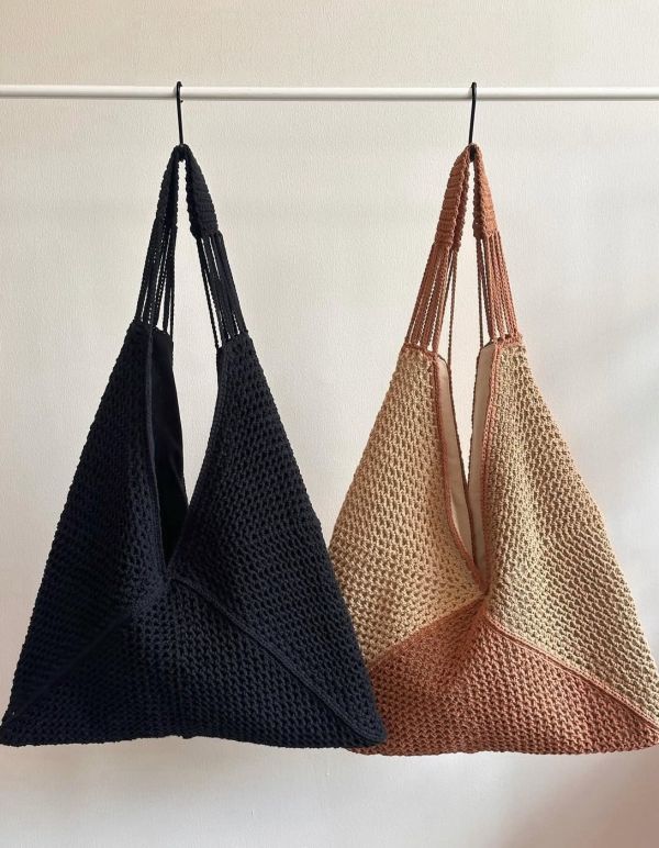 撞色編織肩背包 手工編織包、大容量肩背包、拼接造型包、手提購物袋、輕便外出包、編織托特包、編織環保袋