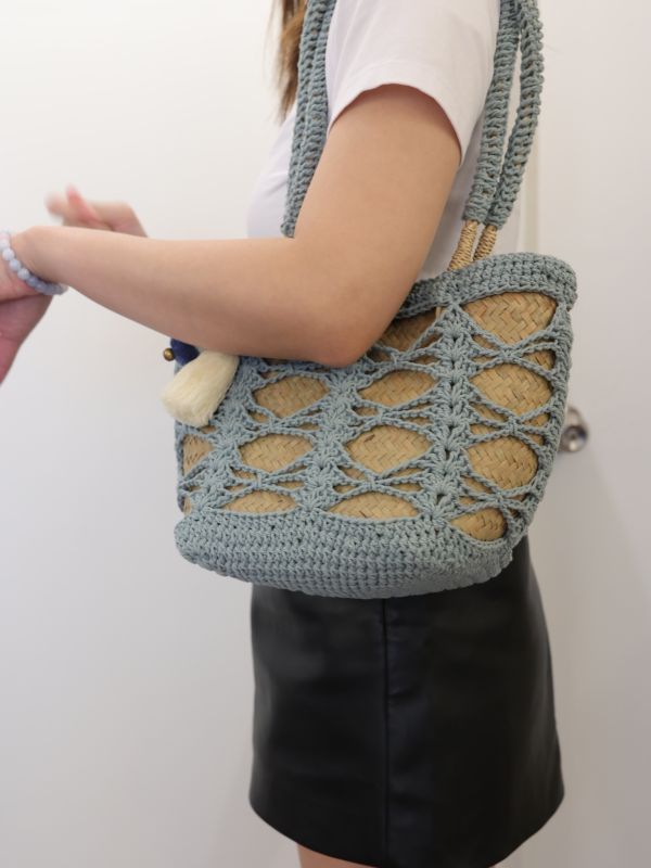 長柄交叉編織包 32*29cm 泰國草編包, 清邁手工包, 夏日度假包, 海邊沙灘包, 編織托特包, 泰國編織包