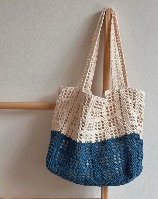 雙色手工編織包｜奶油靛藍拼色款 手工編織包、雙色編織袋、大容量肩背包、內裡設計編織包、奶油靛藍拼接包、手提包推薦、通勤包