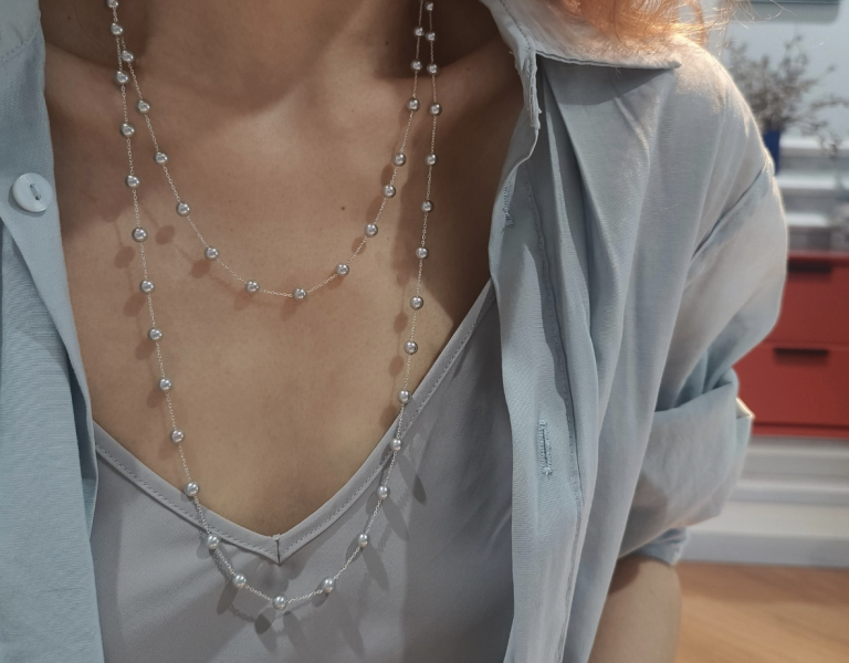 施家風格珍珠毛衣項鍊｜通體925純銀｜加密珍珠120cm 925純銀項鍊、日本古董珠、極細項鍊、駝色鎖骨鍊、小花珠飾、手工串珠飾品、小眾飾品推薦