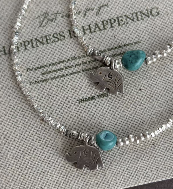 S925純銀清邁泰銀小象綠松石手鍊 泰銀手鍊、青金石手鍊、天然水晶飾品、925純銀、民族風飾品、做舊銀飾、小眾設計、綠松石手鍊