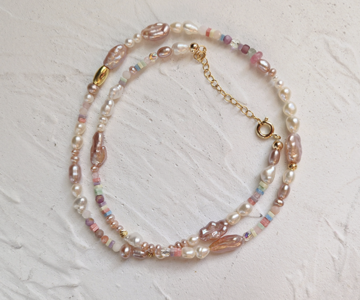 Pastel Pearl Bloom｜S925純銀粉紫珍珠手工項鍊 珍珠項鍊、S925純銀飾品、粉紫飾品、天然珍珠母貝、手工串珠項鍊、氣質項鍊、小眾設計