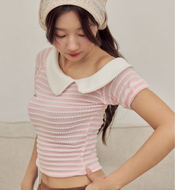 泰國設計師造型圓領撞色短袖上衣 