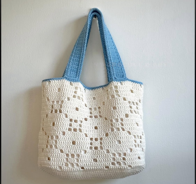 牛奶白 × 淡藍 編織手提包｜附內裡款 手工編織包、雙色編織袋、大容量肩背包、內裡設計編織包、奶油靛藍拼接包、手提包推薦、通勤包