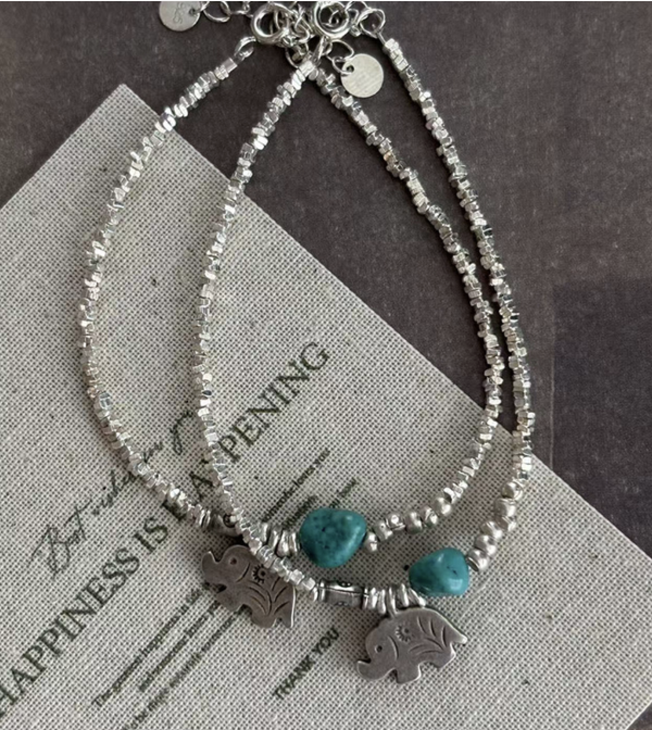 S925純銀清邁泰銀小象綠松石手鍊 泰銀手鍊、青金石手鍊、天然水晶飾品、925純銀、民族風飾品、做舊銀飾、小眾設計、綠松石手鍊