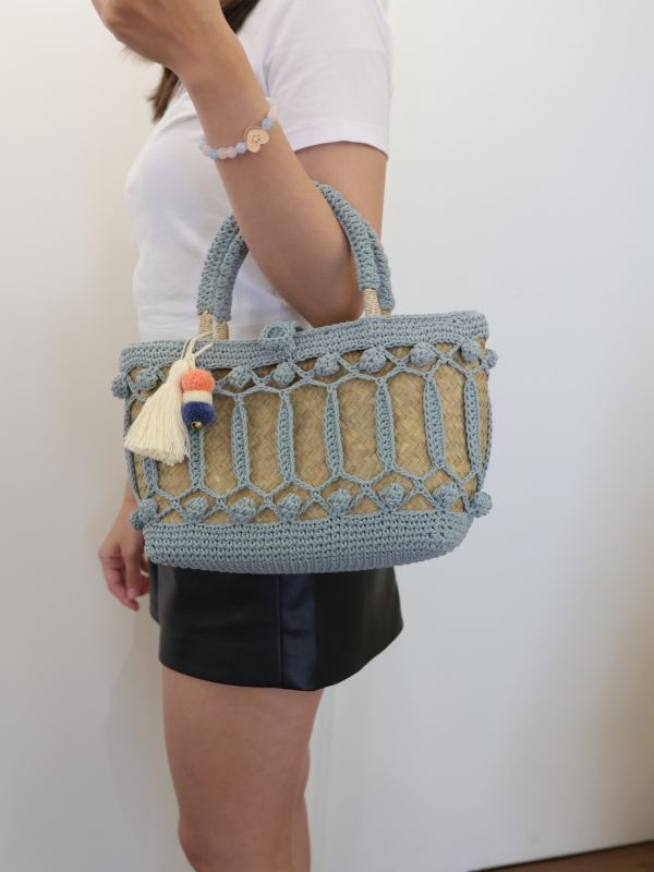 短柄直條編織包 32*29cm 泰國草編包, 清邁手工包, 夏日度假包, 海邊沙灘包, 編織托特包, 泰國編織包