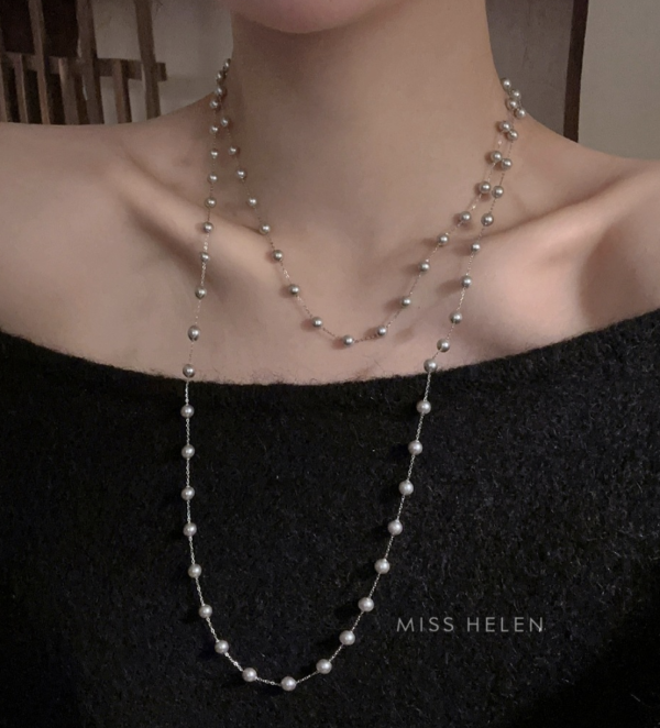 施家風格珍珠毛衣項鍊｜通體925純銀｜加密珍珠120cm 925純銀項鍊、日本古董珠、極細項鍊、駝色鎖骨鍊、小花珠飾、手工串珠飾品、小眾飾品推薦