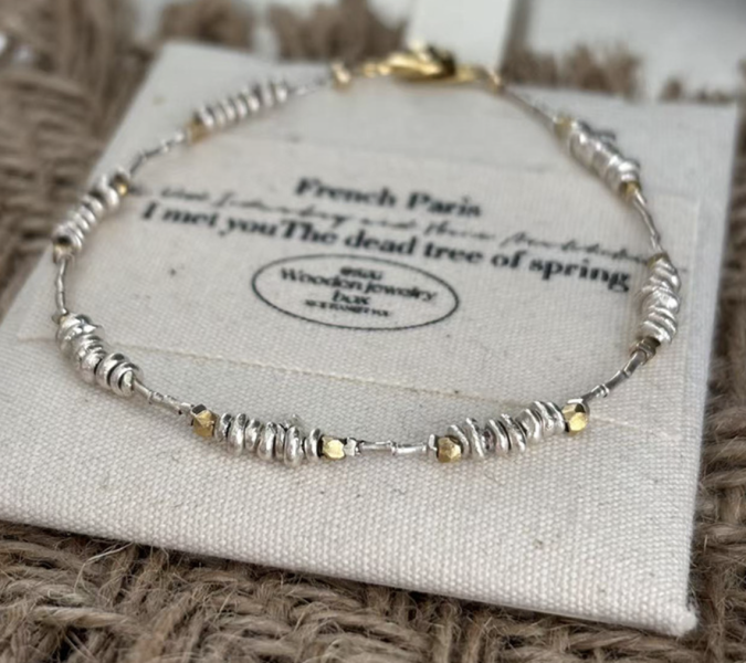 S925純銀金銀撞色手鍊｜碎銀質感設計 泰銀手鍊、青金石手鍊、天然水晶飾品、925純銀、民族風飾品、做舊銀飾、小眾設計、綠松石手鍊