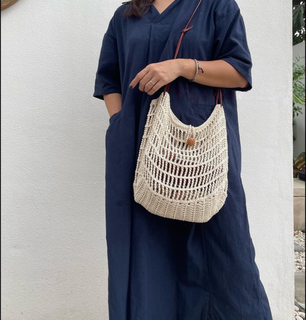 撞色細繩編織包 手工編織包、花朵鉤針包、太陽花拼接包、復古編織托特包、奶油色花花包、大容量編織肩背包