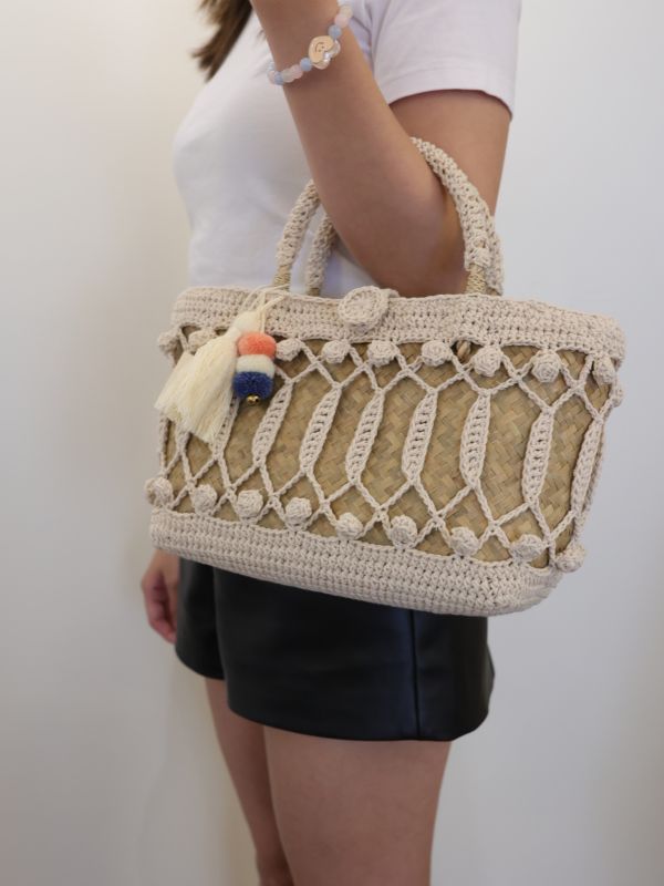 短柄直條編織包 32*29cm 泰國草編包, 清邁手工包, 夏日度假包, 海邊沙灘包, 編織托特包, 泰國編織包