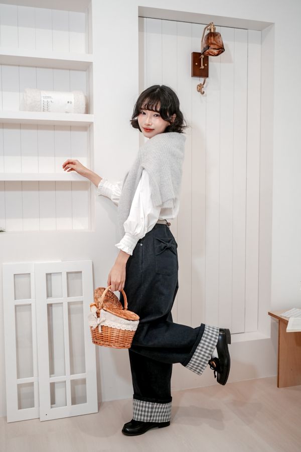 後蝴蝶結反摺格紋褲 後蝴蝶結反摺格紋褲