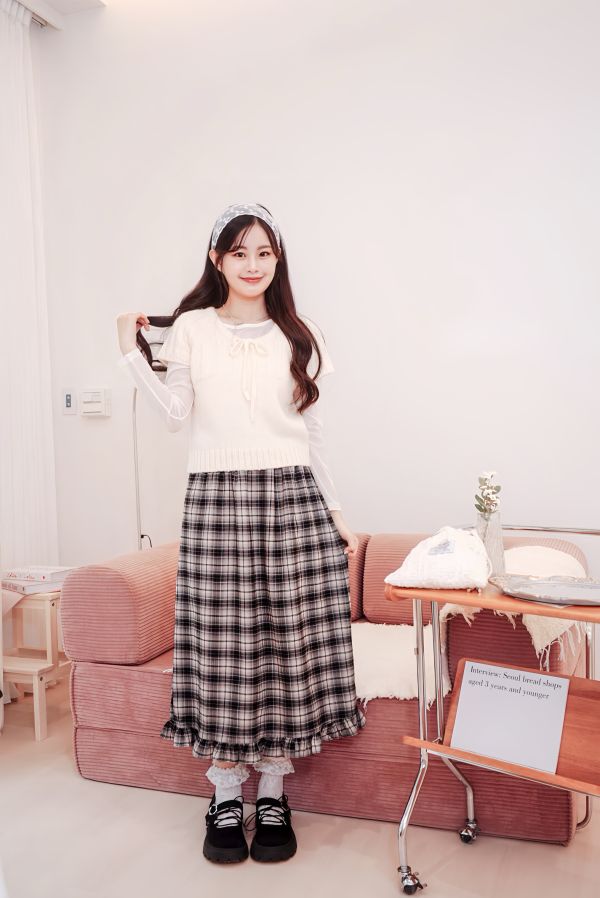 現貨 ∣格紋花邊後開衩長裙 格紋花邊長裙