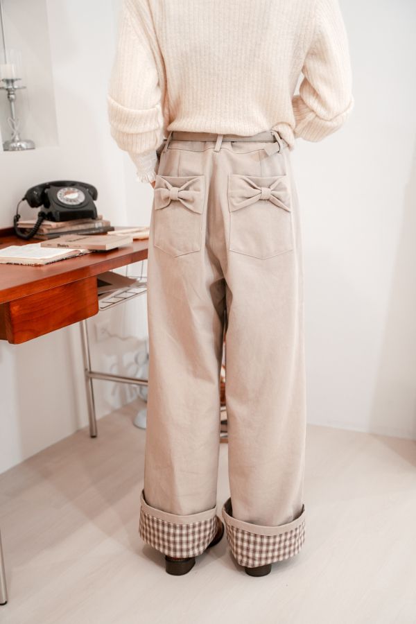 後蝴蝶結反摺格紋褲 後蝴蝶結反摺格紋褲