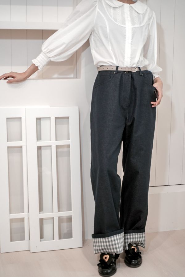 後蝴蝶結反摺格紋褲 後蝴蝶結反摺格紋褲