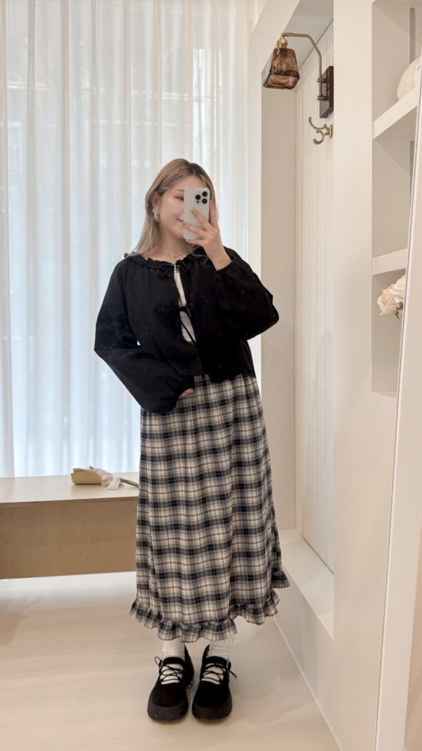 現貨 ∣格紋花邊後開衩長裙 格紋花邊長裙