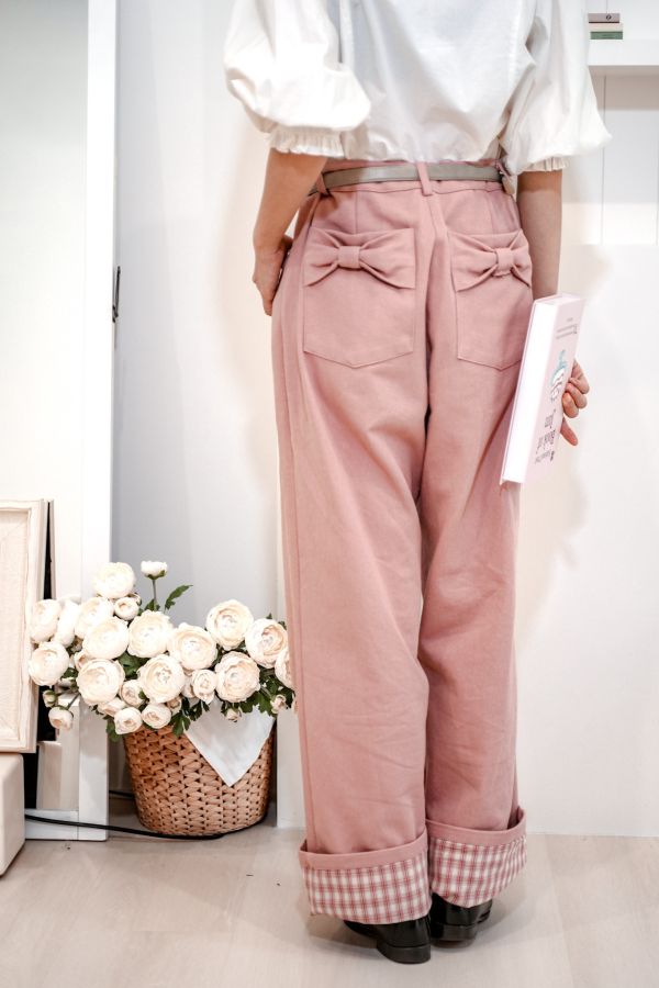 後蝴蝶結反摺格紋褲 後蝴蝶結反摺格紋褲