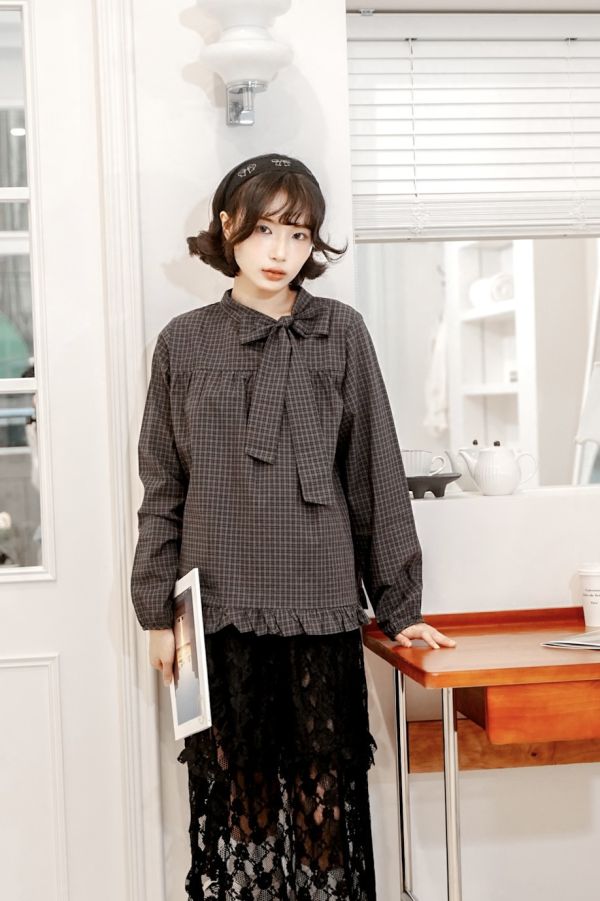 復古格紋綁帶上衣 復古格紋綁帶上衣