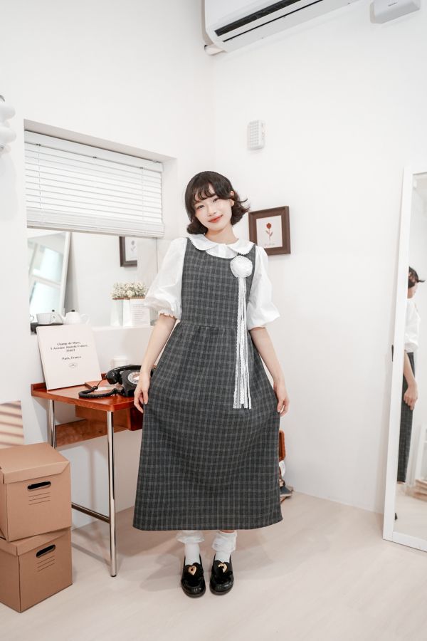 毛呢格紋側綁帶背心裙 毛呢格紋側綁帶背心裙