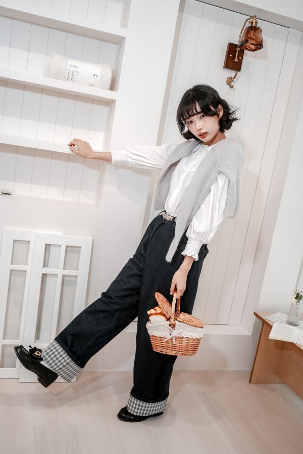 後蝴蝶結反摺格紋褲 後蝴蝶結反摺格紋褲