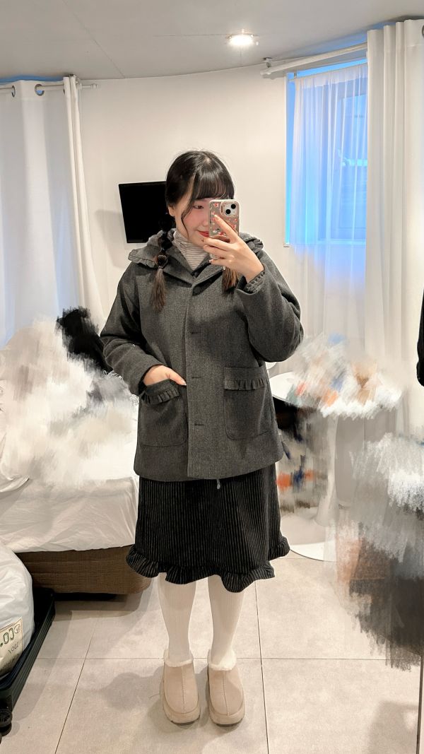 ﹝KR選物﹞荷葉花邊領包釦鋪棉大衣 