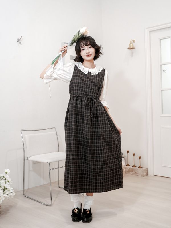 毛呢格紋側綁帶背心裙 毛呢格紋側綁帶背心裙