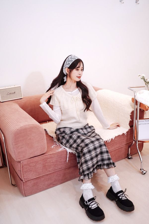 現貨 ∣格紋花邊後開衩長裙 格紋花邊長裙