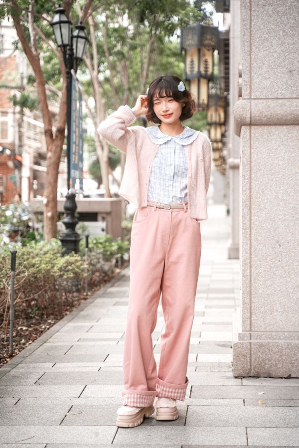 後蝴蝶結反摺格紋褲 後蝴蝶結反摺格紋褲