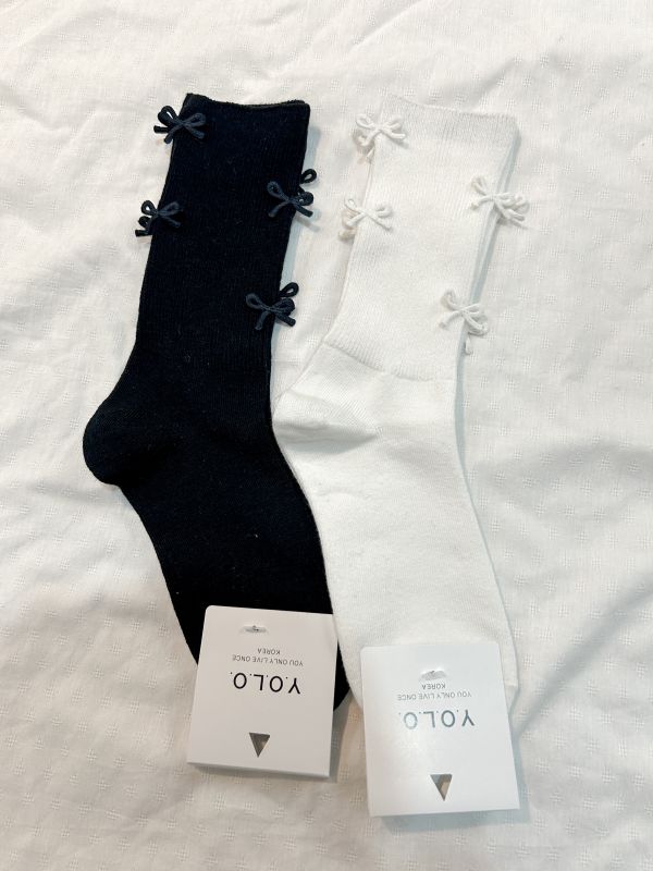 立體蝴蝶結素色中長襪 