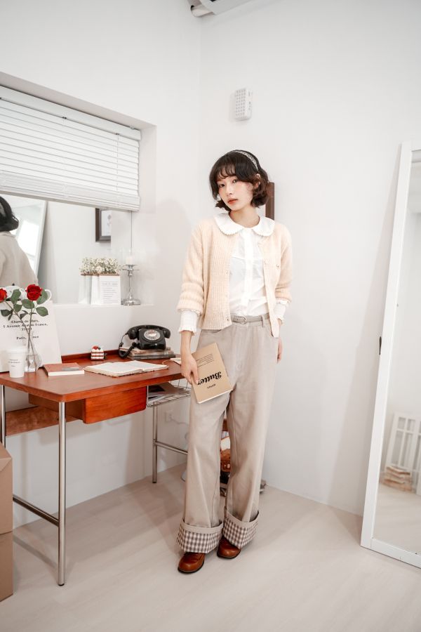 後蝴蝶結反摺格紋褲 後蝴蝶結反摺格紋褲