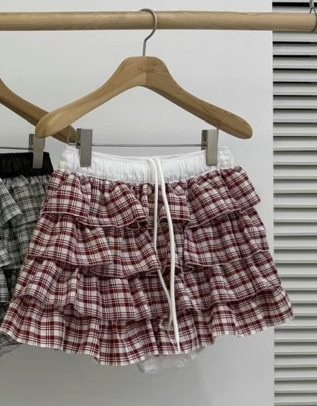 現貨 ∣撞色感格紋蛋糕短裙 撞色感格紋蛋糕短裙