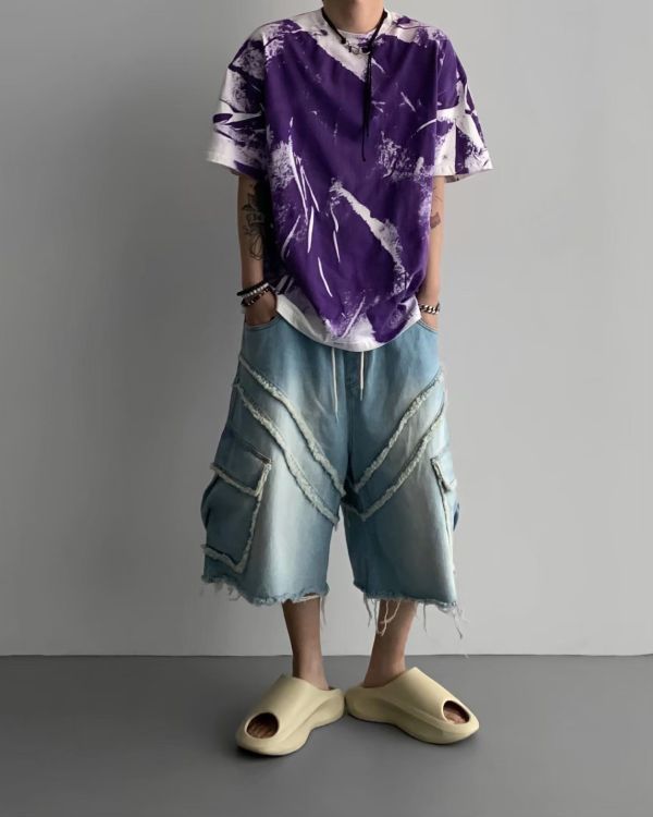 韓國斜切抽鬚7分褲 